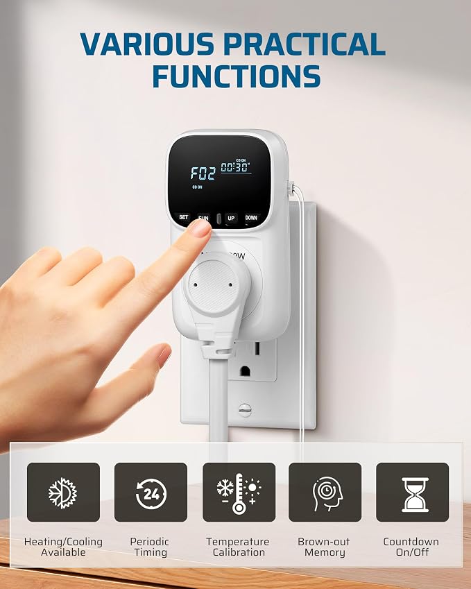 DEWENWILS Digital Temperature Controller, 2 Pack15A/1800W Thermostat Outlet Plug, VA Display Heating Cooling Control Timer, -40℉~210℉, Cyclic Timing/Countdown, for Cooling Fans and Heater