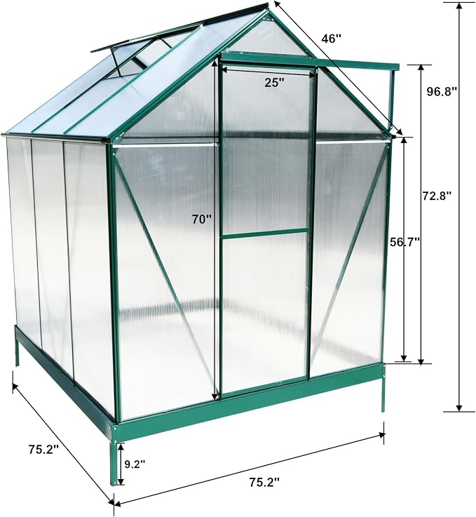 6x6 FT Greenhouse, Walk-in Polycarbonate Greenhouse, Heavy Duty Aluminum Outdoor Green House Kit with Sliding Door, Roof Vent, Rain Gutter for Backyard Garden All Season Growing, Green