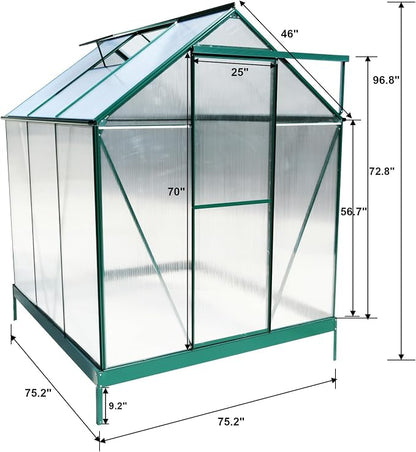 6x6 FT Greenhouse, Walk-in Polycarbonate Greenhouse, Heavy Duty Aluminum Outdoor Green House Kit with Sliding Door, Roof Vent, Rain Gutter for Backyard Garden All Season Growing, Green
