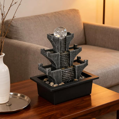 Tabletop Waterfalls Mountain with Pagoda Stepped & Spining Orb, Indoor Soothing Zen Fountain s for Home Office Relaxation