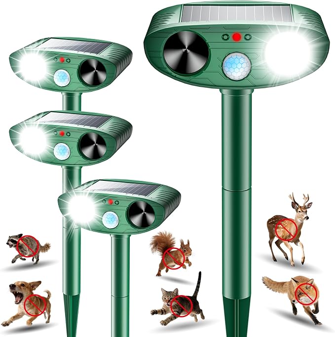 2026 Upgraded Solar Ultrasonic Animal Repeller Outdoor, Sonic Fortress Pro Deer Repellent with Motion, Waterproof,Cat Deterrent for Garden Yard, Squirrel Raccoon Skunk Rabbit Dog Bird (Green, 4-Pack)