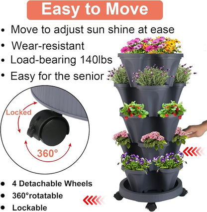 GameXcel Vertical Planter Tower - 5 Tier Stackable Garden Planters with Wheels and Tools Plant Pots for Strawberry Herb Flower and Vegetable Indoor Outdoor Use Dark Gray