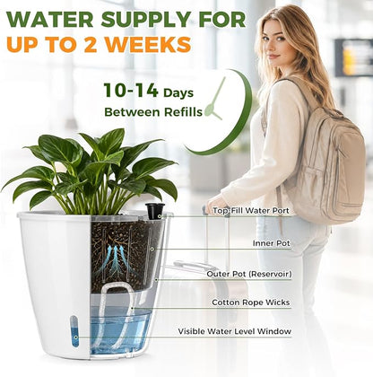 Upgraded Self Watering Pots for Indoor Plants, 3-Pack 6.7 Inch Top-Fill Self Watering Planter with Water Window, Orchid Pots, Clear Wick Inner Basket with Drainage, White