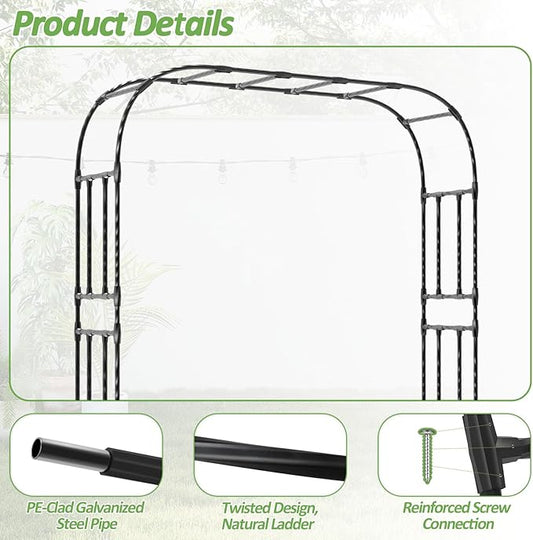 Thickened Metal Garden Arch-98.4(L)*94.5“(H),Garden Trellis for Climbing Plants Outdoor, Heavy Duty Rust-Proof Iron Arbor Archway for Backyard, Patio, Lawn and Wedding Decorations(20MM Pipe)