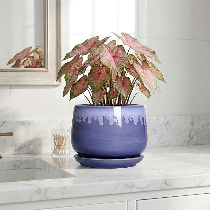 Ceramic Flower Pots - 7 Inch Indoor Planter with Drainage Hole and Saucer, Decorative Unique Flower Pot for Indoor Plants, Round Plant Pots, Office Patio Decor, Garden Gifts Women, Blue