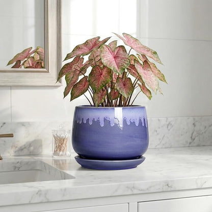 Ceramic Flower Pots - 7 Inch Indoor Planter with Drainage Hole and Saucer, Decorative Unique Flower Pot for Indoor Plants, Round Plant Pots, Office Patio Decor, Garden Gifts Women, Blue