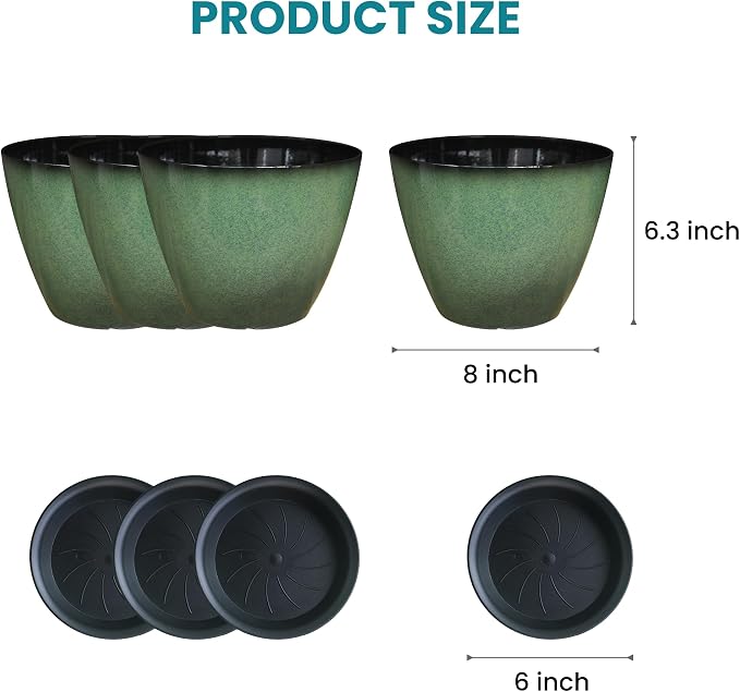 Vanslogreen 8 inch Flower Pots for Indoor Plants, 4 Pack Plastic Plant Pots for Plants with Drainage Holes, Indoor Planter for Outdoor Plants Garden Home Decor, Green