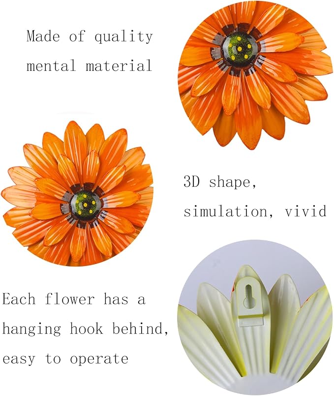 Outdoor Metal Wall Art Decor, 2 Pack 8 Inch Sunflower Wall Decorations, Hanging Outdoor Wall Decor, Handmade Metal Flowers for Outdoor Outside Indoor Decor,Orange