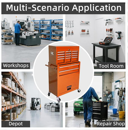 8-Drawer Tool Chest, Detachable Top Box for Garage,Orange | Rolling Mobile Storage Cabinet Organizer with Lockable Wheels for Workshop Utility, Heavy Duty Metal Construction