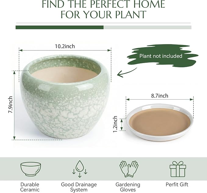 10.2 Inch Ceramic Planter with Saucer Leak-Proof Mesh &Drainage, Round Plant Pot with Gardening Gloves for Indoor Outdoor Plants (Jade Green)
