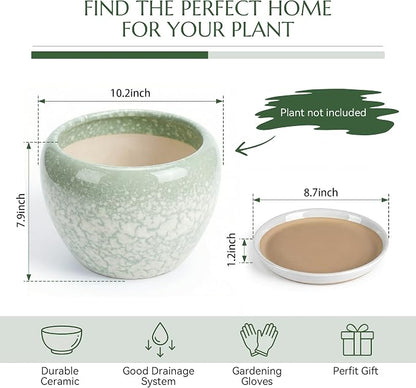 10.2 Inch Ceramic Planter with Saucer Leak-Proof Mesh &Drainage, Round Plant Pot with Gardening Gloves for Indoor Outdoor Plants (Jade Green)