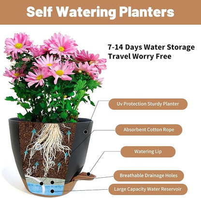 LIFFY Plant Pots, 8,7.5,7,6.5,6,5.5,5 Inch Plastic Self Watering Planters with Drainage Holes & Saucers, 7-Pack Black Nursery Planting Pot with Deep Reservoir for Indoor Outdoor Plants