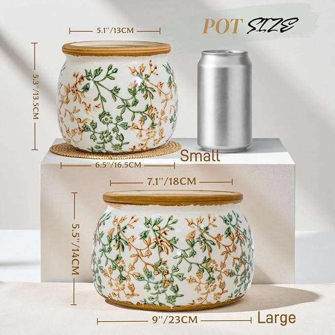 Vintage Ceramic Flower Pot - Indoor Outdoor Planters with Drainage Holes & Filter Screen, 9’’ Large Rustic Farmhouse Decorative Plant Pots for Garden/Patio/Balcony (Bicolor Vines, Large)