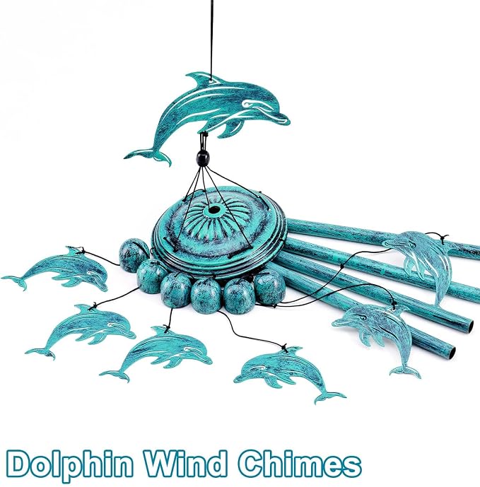 Dolphin Wind Chimes for Outside, Dolphin Gifts for Women Men Mom Grandma Birthday, 37" Windchimes Hanging Outdoors Garden Decor, Home Patio Garden Porch Yard Decorations (Blue-Dolphin)