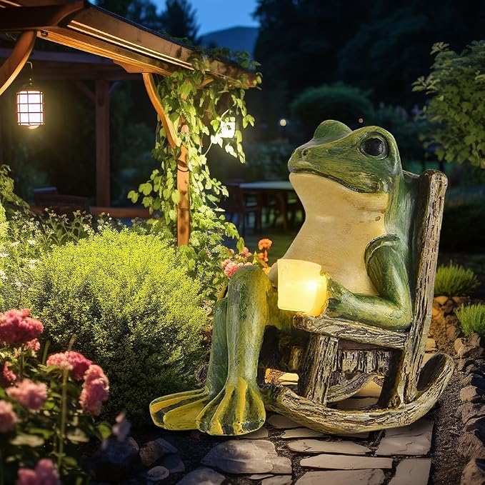 Banax Solar LED Frog Garden Outdoor Decor, Waterproof LED Garden Solar Ornaments Outdoor, Rocking Chair Frog Statue Decoration, Funny Outdoor Lights for Patio