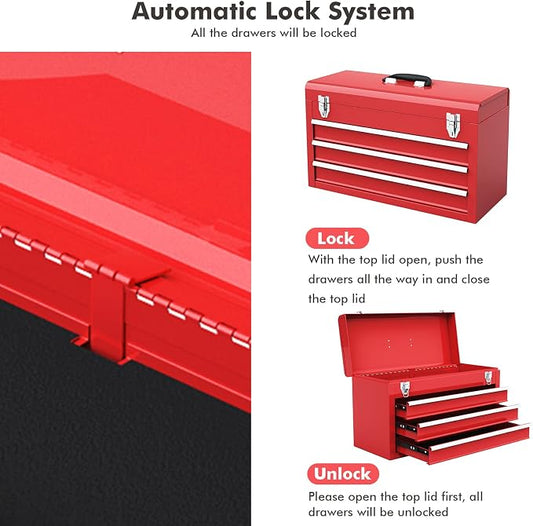 Goplus Tool Box, Portable 20” Tool Boxes with 3 Drawers, Top Tool Tray, Metal Lock Latch, Protective Liner, Auto Locking, Heavy Duty Steel Toolbox for Garage, Workshop, Mechanic
