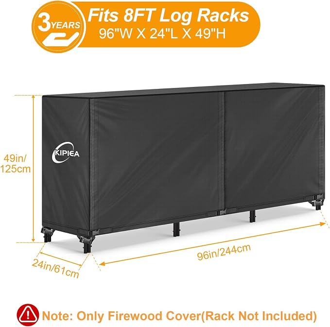 Kipiea 8FT Waterproof Firewood Storage Log Rack Cover, Heavy Duty 600D Outdoor Wood Storage Rack Cover with Buckles and Full-Length Hook & Loop Fastener, Tear-Resistant