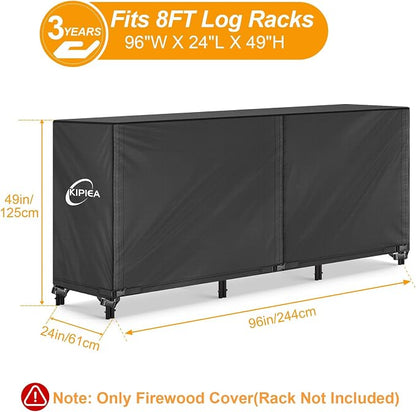 Kipiea 8FT Waterproof Firewood Storage Log Rack Cover, Heavy Duty 600D Outdoor Wood Storage Rack Cover with Buckles and Full-Length Hook & Loop Fastener, Tear-Resistant