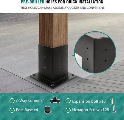 Pergola Brackets, 4 Pack Woodworks Pergola Kit 3-Way Right Angle Corner Bracket with Pergola Post Base for 4x4'' (Actual: 3.5x3.5'') Wood Beams Elevated Wood Stand Kit Pergola/Gazebo Kit