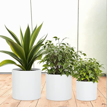 Fox & Fern Large Indoor Planter, Modern Large Plant Pot for Indoor or Outdoor, UV and Frost Resistant - Set of 3: 8, 10, 11.8 Inch, White Flower Pot with Drainage Plug, Lightweight