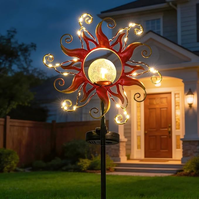 Solar Lights Outdoor Waterproof Red Sun Metal Crackle Glass Stake Decorative for Outside,Yard,Lawn,Patio,Walkway Mothers'Day Gifts Mom Grandma Garden Lover