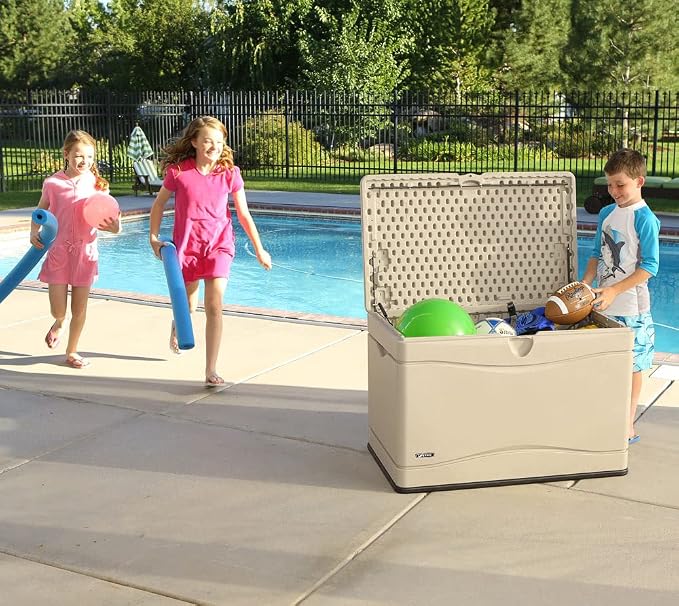 LIFETIME 60059 Black Bottom & Desert (Tan) Sides and Lid Outdoor Storage Box-80 Gal, 80 Gallon, Desert Sand