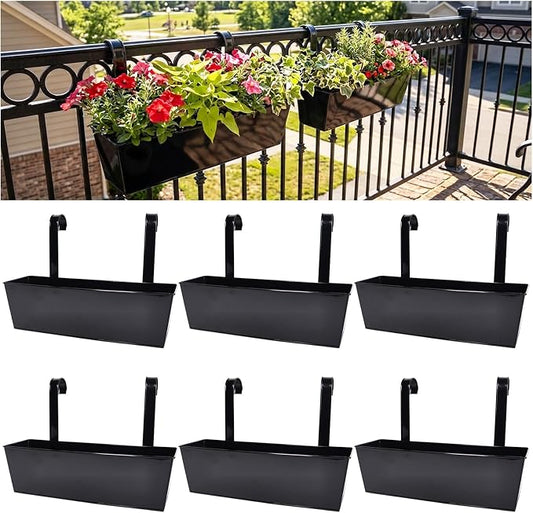 Outdoor Railing Hanging Planter Pot, 17" Metal Planter Pots for Plants, Fence Flower Pot for Porch Balcony with Detachable Hook & Drainage Hole (Rectangular-Black, Pack of 6)