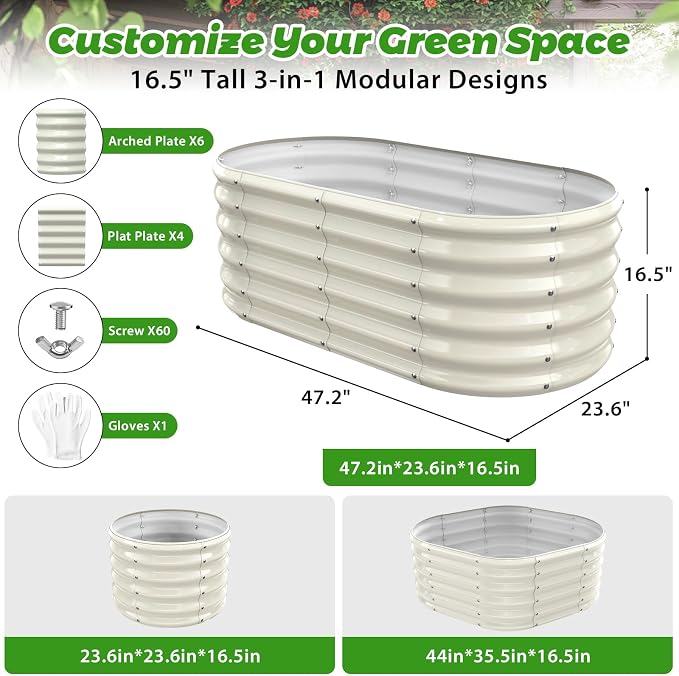 17" Tall Oval-Shaped / Elliptic Metal Raised Garden Bed Outdoor Cream White | 48X24X17 Inch,1.5 FT Tall,0.8MM Thick Galvanized Metal Painted,for Variety of Flowers,Herbs,Vegetables.with Gloves,Tool free