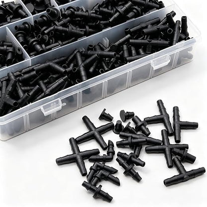 220PCS 1/4" Drip Irrigation Kit Barbed Connectors, Straight Barb, Tee, Single Barb, End Plug, Elbow, 4 Way Coupling Irrigation Fittings for Garden Lawn Flower Pot
