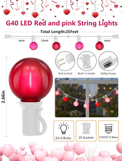 LED Valentine’s Day String Lights, 25Ft Valentines Decorations Outdoor | 25+2 G40 Round Bulbs, Connectable, Shatterproof Hanging Indoor Fairy Lights for Wedding Date Patio, Frosted Red Pink