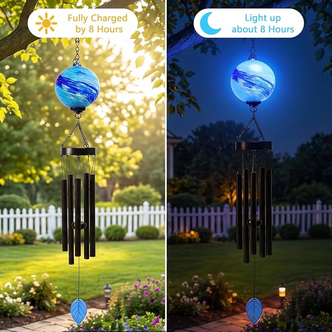 MUMTOP Solar Wind Chime for Outsides, 35" Glass Windchimes with Solar LED Lights Decorative Hanging Wind Bell for Porch Patio and Garden Decor, Blue