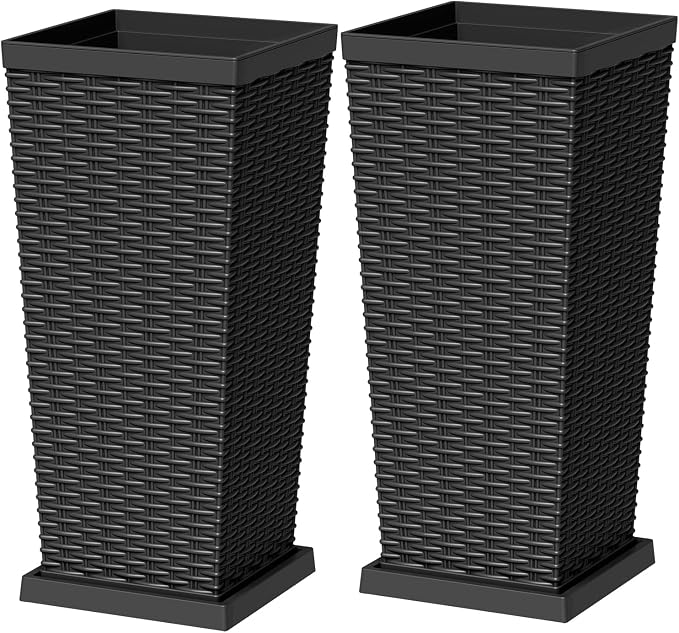 Greesum Set of 2 Tall Plastic Planters with Saucer, 24 Inch Large Pots with Drainage Trays, Weather-Resistant Plastic Plant Containers for Patio, Porch, Garden,Black