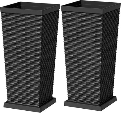Greesum Set of 2 Tall Plastic Planters with Saucer, 24 Inch Large Pots with Drainage Trays, Weather-Resistant Plastic Plant Containers for Patio, Porch, Garden,Black