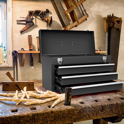 Goplus Tool Box with 3 Drawers, 4-Tier 20.5" Portable Tool Chest Organizer with Top Tool Tray, Auto Lock, Protective Liner, Handle, Steel Metal Small Toolbox for Gargae, Workshop, Home