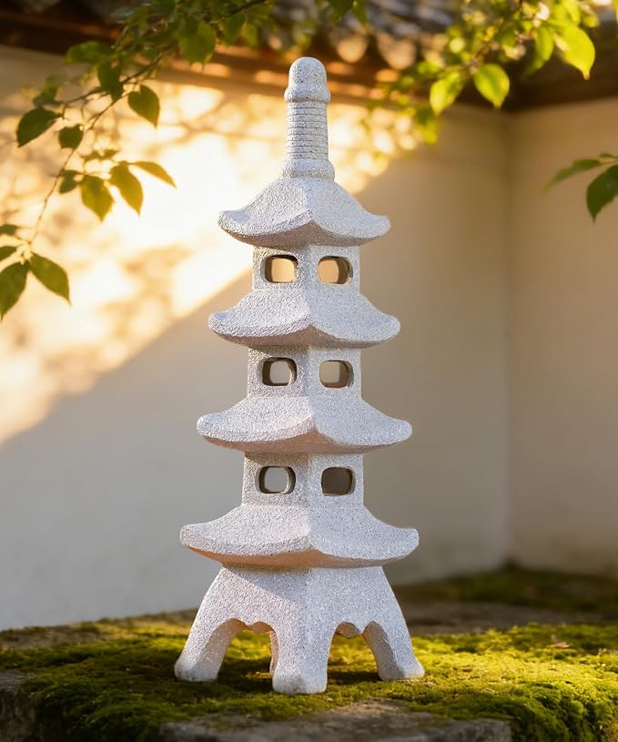 Nacome Solar Pagoda Garden Statues: 25.6 inches Multi-Layer Outdoor Weatherproof Resin Zen Decor for Landscape Balcony Patio Porch Yard Ornament(Gray)