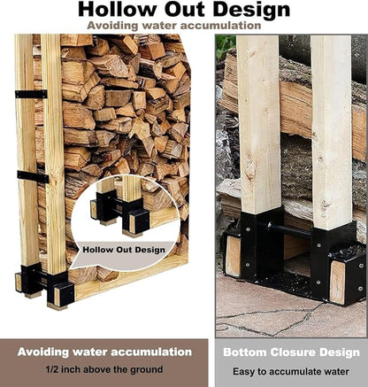 Outdoor Firewood Rack Bracket Kit with 4 Support Bars for Fire Wood Pile Storage, Heavy Duty DIY Fireplace Log Stacking Stand Holder for 2x4 lumber, Black, 1 Pair