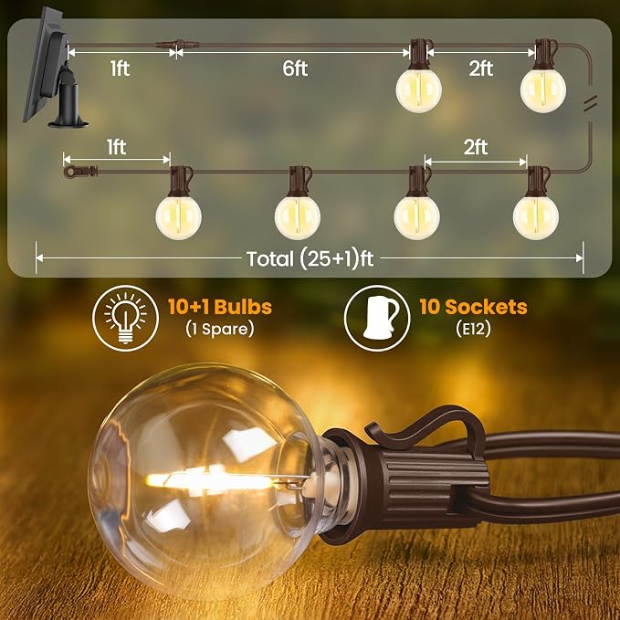 Mlambert 25FT Solar Powered String Lights Outdoor, Waterproof Solar Patio Light String with 10+1 Shatterproof LED G40 Bulbs for Backyard Garden-Brown