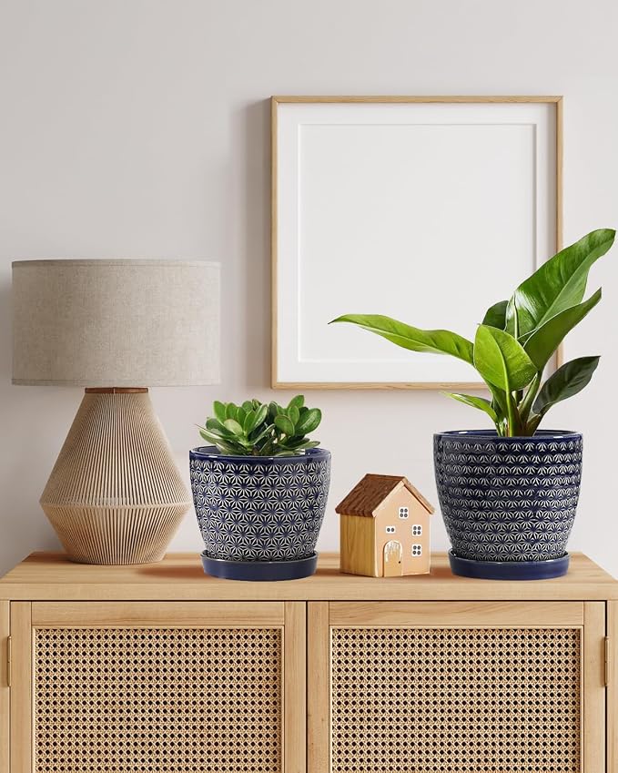 Plant Pots, Planters for Indoor Plants, Ceramic Plant Pots, 6.5+5.5 inch Plant Pot with Drainage and Saucer, Pots for Plants with Hole Mesh Pad, Set of 2, Reactive Glaze Blue