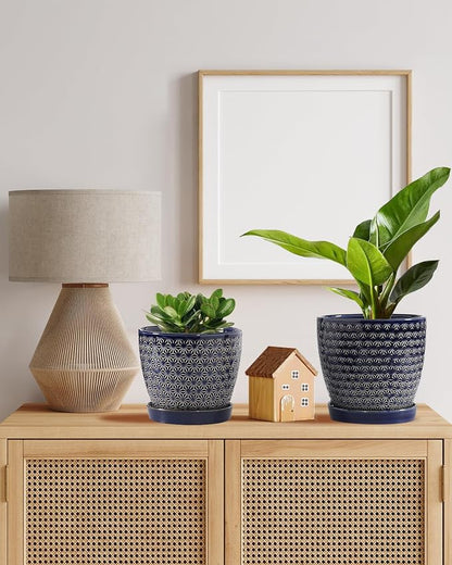 Plant Pots, Planters for Indoor Plants, Ceramic Plant Pots, 6.5+5.5 inch Plant Pot with Drainage and Saucer, Pots for Plants with Hole Mesh Pad, Set of 2, Reactive Glaze Blue