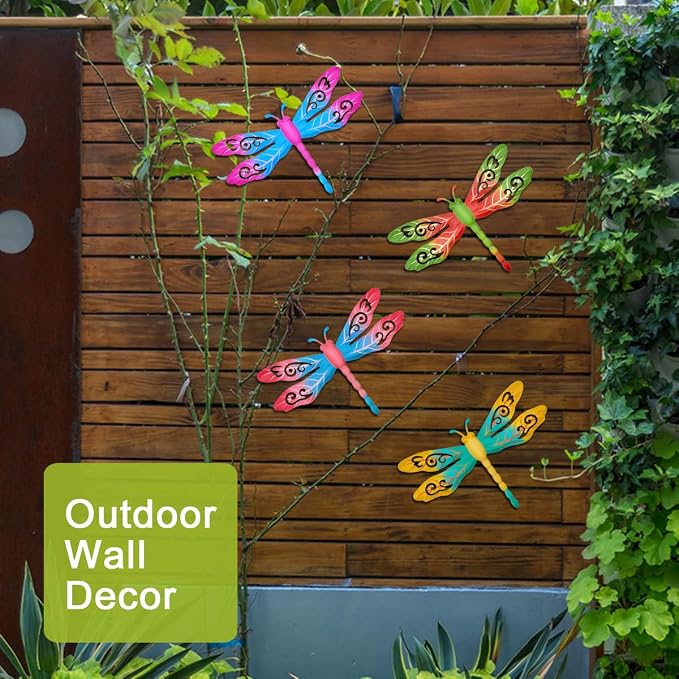 Outdoor Metal Dragonfly Wall Decor, 4 Pack 14inch Metal Dragonfly Wall Hanging Sculpture Decor for Yard Patio Fence Garden Outside Exterior Decorations