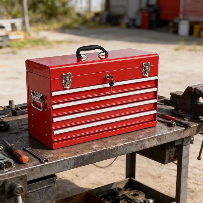 4 Drawers Metal Tool Box, 21'' Portable Metal Tool Box with EVA Liners & Auto-Locking Mechanism, Heavy Duty Steel Tool Chest with Ball-Bearing Drawer Slides & Convenient Top Handle, Red