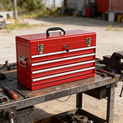4 Drawers Metal Tool Box, 21'' Portable Metal Tool Box with EVA Liners & Auto-Locking Mechanism, Heavy Duty Steel Tool Chest with Ball-Bearing Drawer Slides & Convenient Top Handle, Red