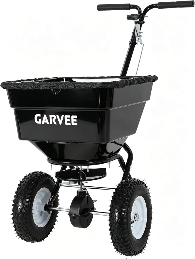100LBS Push Broadcast Spreader, 12FT Spreading Width, 13in All-Terrain Wheels, Adjustable Flow Control, Heavy Duty Walk Behind Lawn Spreader for Fertilizer, Grass Seed, Ice Melt, Salt
