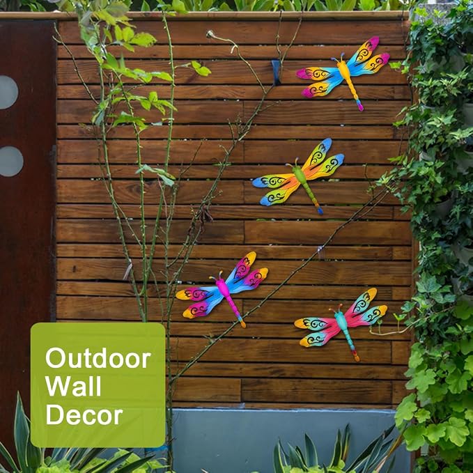 Large Dragonfly Outdoor Decor, 4 Pack 14 inch Metal Dragonfly Wall Art Hanging Sculpture Decorations for Outside, Fence Yard Patio Garden Exterior Door Decor