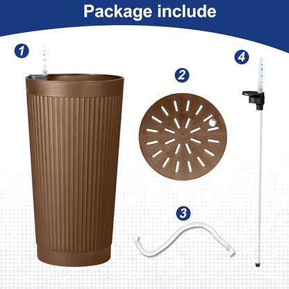 FENCY Self Watering Tall Planters Set of 2, Brown Round | 24 Inch, with Water Level Indicator& Spacious Reservoir, Plastic Tapered Pots, Weather-Resistant, Front Door Decor