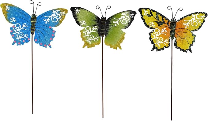 3 Pack Butterfly Garden Stakes Decor, 17" H Metal Butterflies Stakes Yard Art Ornaments for Indoor Outdoor Lawn Porch Pathway Patio Plant Pot Flower Bed Decor