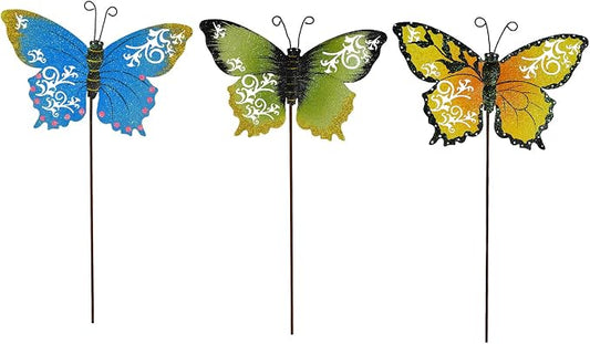 3 Pack Butterfly Garden Stakes Decor, 17" H Metal Butterflies Stakes Yard Art Ornaments for Indoor Outdoor Lawn Porch Pathway Patio Plant Pot Flower Bed Decor