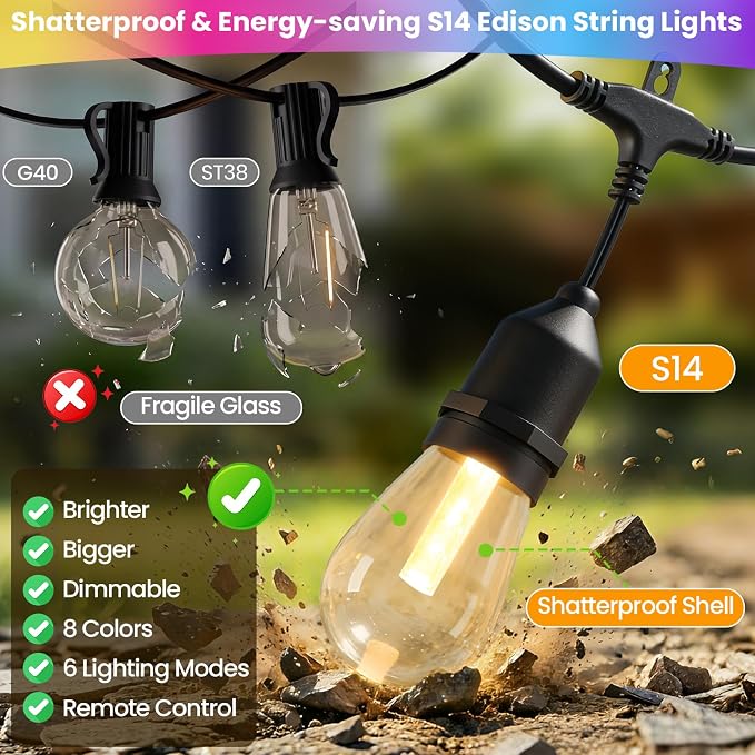 Larkvue 96FT(2X48FT) RGBW Outdoor String Lights with Remote, Patio Lights with 30+3 Vintage S14 Dimmable Waterproof Bulbs for Xmas Bistro Cafe Outside