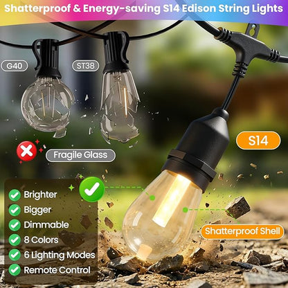 Larkvue 48FT RGBW Outdoor String Lights with Remote, Patio Lights with 15+2 Edison S14 Dimmable Shatterproof Bulbs for Outside Garden Backyard Hanging