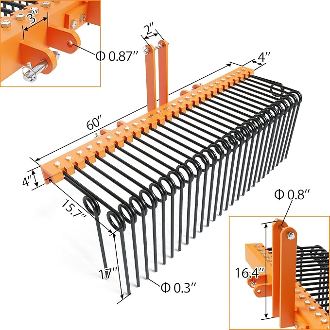 Garvee 60 Inch 3 Point Tractor Rake, Pine Straw Needle Rake | Steel Spring Landscape Rakes Durable Powder Coated Fit for Cat0,Cat1,Cat3 Tractors, Orange